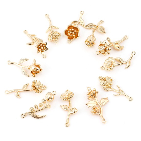 Image de Connecteurs Fleur de Mois de Naissance en Laiton Plaqué Or Véritable Fleurs 2 Pcs