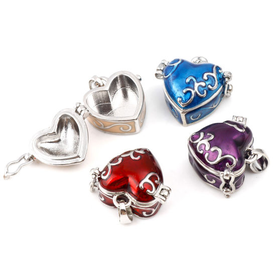 Picture of Brass Charm Pendant Mexican Angel Caller Bola Harmony Ball Wish Box Locket Carved Pattern Silver Tone Multicolor Can Open
