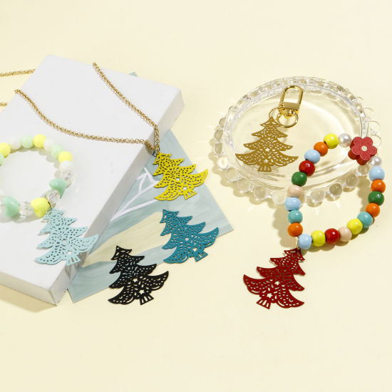 合金 透かしパーツ スカシパーツ ペンダント チャーム クリスマスツリー 多色 ペインティング 4cm x 3.5cm、 10 個 の画像
