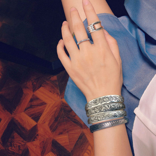 Image de Bracelet Manchette Jonc Semi-Ouvert Style Bohème Argent Vieilli Motif Sculpté 1 Pièce