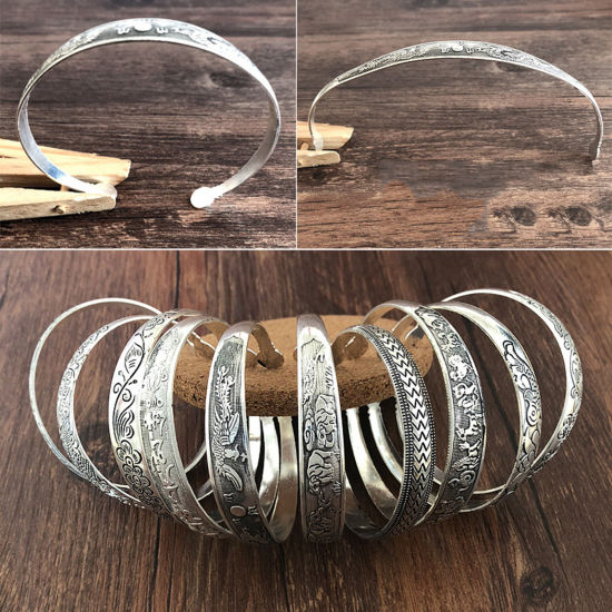 Image de Bracelet Manchette Jonc Semi-Ouvert Style Bohème Argent Vieilli Motif Sculpté 1 Pièce