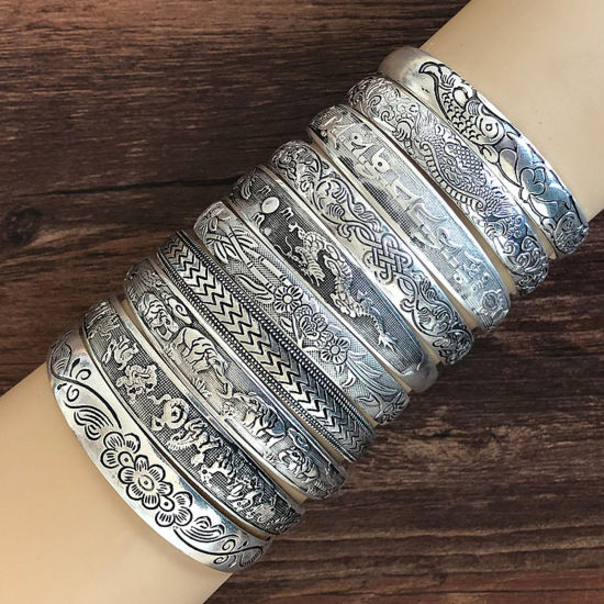 Image de Bracelet Manchette Jonc Semi-Ouvert Style Bohème Argent Vieilli Motif Sculpté 1 Pièce