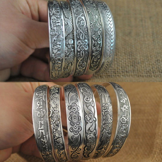 Image de Bracelet Manchette Jonc Semi-Ouvert Style Bohème Argent Vieilli Motif Sculpté 1 Pièce