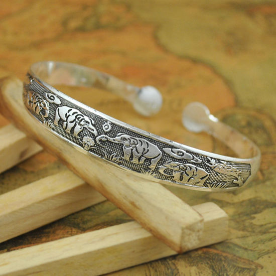 Image de Bracelet Manchette Jonc Semi-Ouvert Style Bohème Argent Vieilli Motif Sculpté 1 Pièce