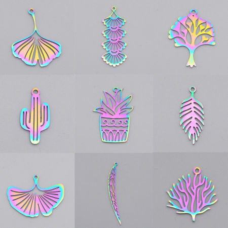 Pendentifs en Acier Inoxydable Feuille Multicolore Herbes 2 Pcs