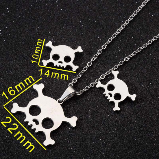 ステンレス鋼 ハロウィン ネックレス ピアス イヤリングセット 多色 スカル 透かし 45cm長さ、 14mm x 10mm、 ワイヤーサイズ: 1mm、 1 セット の画像