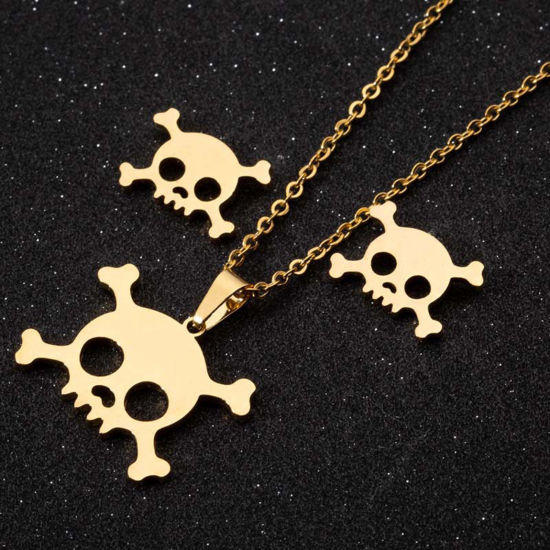 ステンレス鋼 ハロウィン ネックレス ピアス イヤリングセット 多色 スカル 透かし 45cm長さ、 14mm x 10mm、 ワイヤーサイズ: 1mm、 1 セット の画像