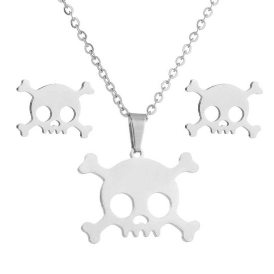 ステンレス鋼 ハロウィン ネックレス ピアス イヤリングセット 多色 スカル 透かし 45cm長さ、 14mm x 10mm、 ワイヤーサイズ: 1mm、 1 セット の画像