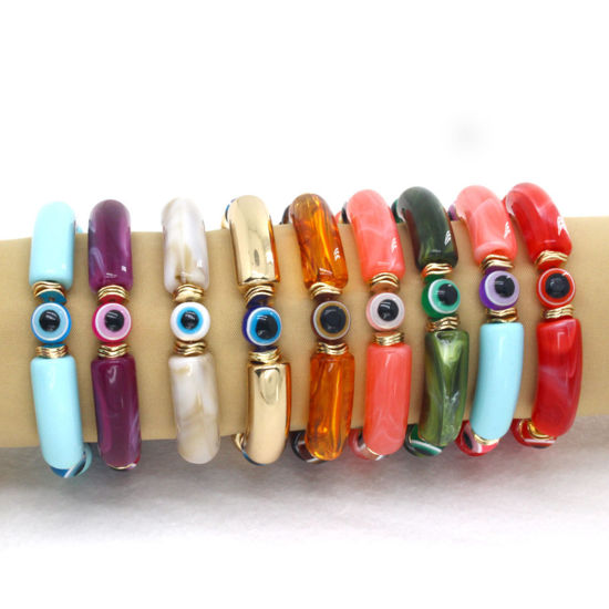 Image de Bracelets Raffinés Bracelets Délicats Bracelet de Perles Religieux en Résine Multicolore Tube Courbé Œil Mauvais Elastique 7cm Dia. 1 Pièce