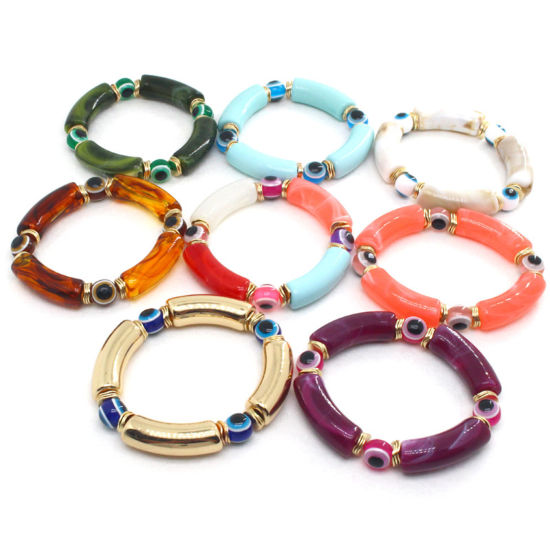 Image de Bracelets Raffinés Bracelets Délicats Bracelet de Perles Religieux en Résine Multicolore Tube Courbé Œil Mauvais Elastique 7cm Dia. 1 Pièce