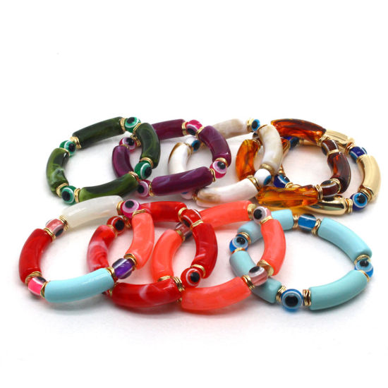 Image de Bracelets Raffinés Bracelets Délicats Bracelet de Perles Religieux en Résine Multicolore Tube Courbé Œil Mauvais Elastique 7cm Dia. 1 Pièce