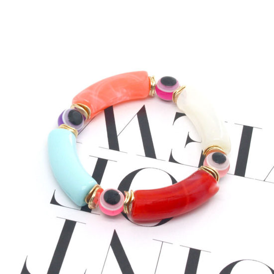Image de Bracelets Raffinés Bracelets Délicats Bracelet de Perles Religieux en Résine Multicolore Tube Courbé Œil Mauvais Elastique 7cm Dia. 1 Pièce