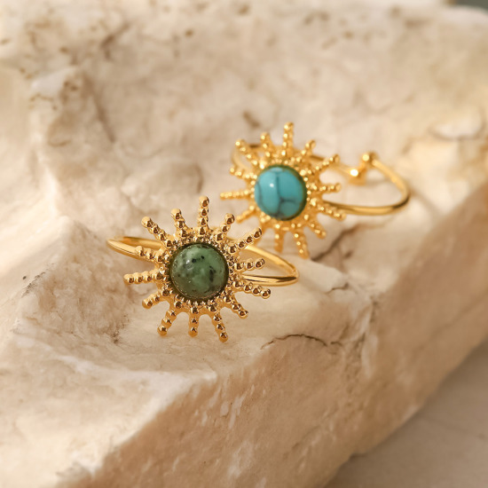 Image de Respectueux de la Nature Pastorale Naturelle Bagues Ouvert Ajoustable Style Bohème en 304 Acier Inoxydable & Pierre Plaqué Or Véritable 18K Soleil Pour Femmes 1 Pièce