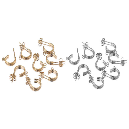 Picture of 304 Stainless Steel Ear Post Stud Earrings C Shape Multicolor With Loop 4mm