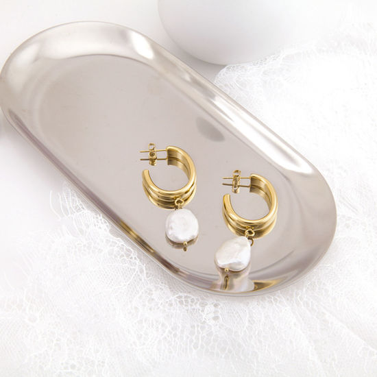 Picture of 304 Stainless Steel Ear Post Stud Earrings C Shape Multicolor With Loop 4mm