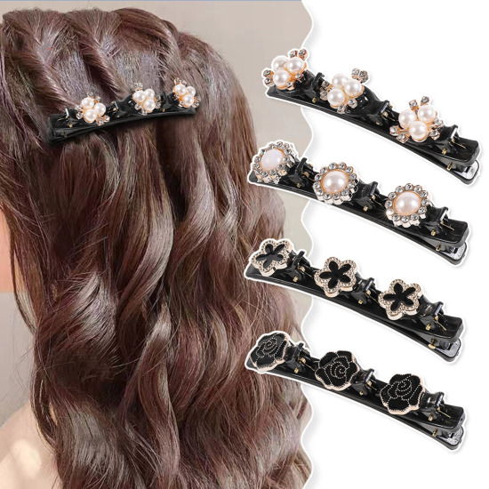 Image de Pinces à Cheveux en Résine Tressé Noir Fleur à Strass Coloré 1 Pièce