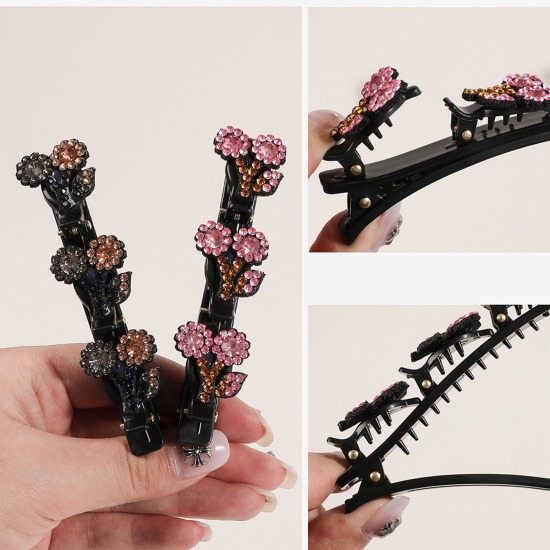 Image de Pinces à Cheveux en Résine Tressé Noir Fleur à Strass Coloré 1 Pièce