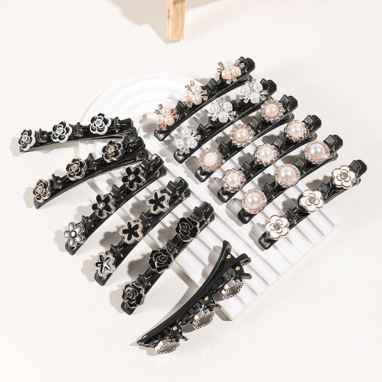 Image de Pinces à Cheveux en Résine Tressé Noir Fleur à Strass Coloré 1 Pièce