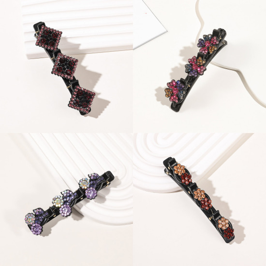Image de Pinces à Cheveux en Résine Tressé Noir Fleur à Strass Coloré 1 Pièce