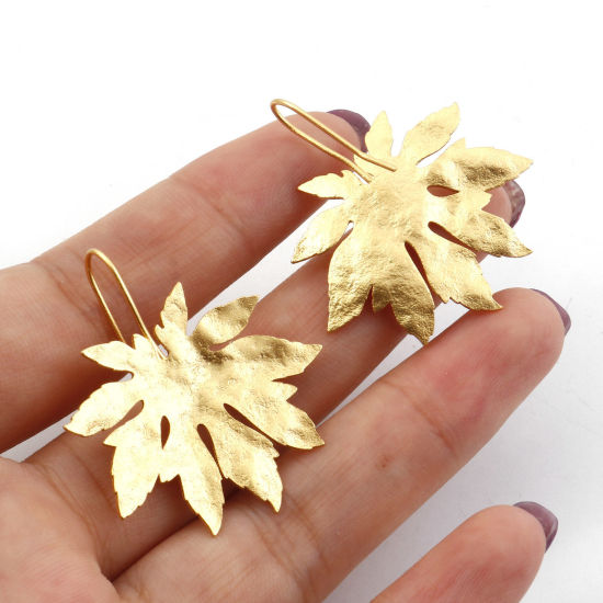 Image de Boucles d'Oreilles Corchets Collection Végétale en Cuivre Plaqué Or Véritable Feuille Taille de Poste/Fil: (21 gauge), 2 Pcs