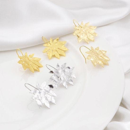 Image de Boucles d'Oreilles Corchets Collection Végétale en Cuivre Plaqué Or Véritable Feuille Taille de Poste/Fil: (21 gauge), 2 Pcs