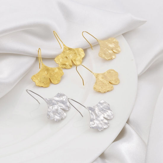 Image de Boucles d'Oreilles Corchets Collection Végétale en Cuivre Plaqué Or Véritable Feuille Taille de Poste/Fil: (21 gauge), 2 Pcs