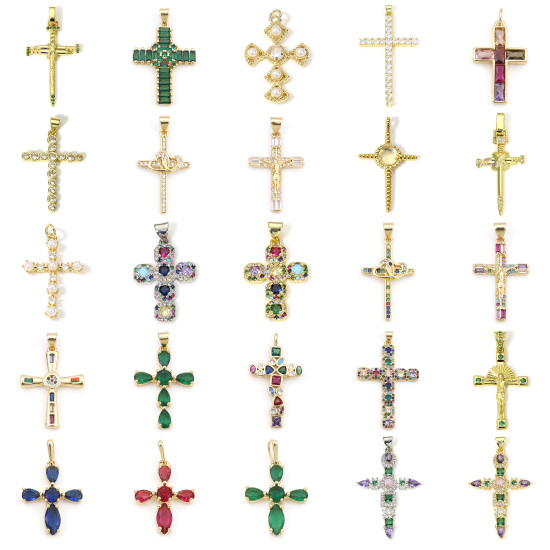 Image de Pendentifs Religieux en Laiton Doré Croix Micro Pave à Zircone Cubique Multicolore 1 Pièce