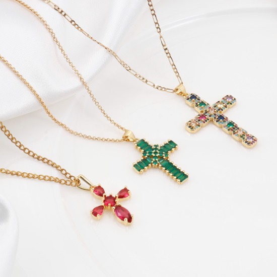 Image de Pendentifs Religieux en Laiton Doré Croix Micro Pave à Zircone Cubique Multicolore 1 Pièce