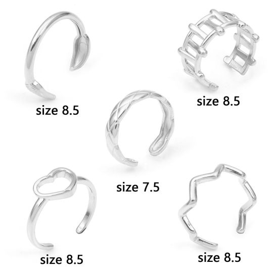 304ステンレス鋼 おしゃれ オープン リング 指輪 シルバートーン 波型 1 個 の画像