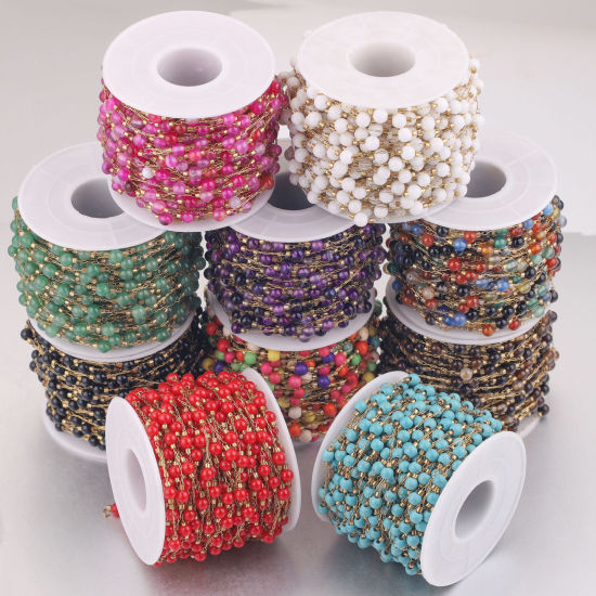 Image de 1 M Chaîne PerléeAccessoires pour la Fabrication de Bijoux Faits à la Main en 304 Acier Inoxydable & Pierre Placage sous Vide Doré Multicolore 4.5mm - 4mm 