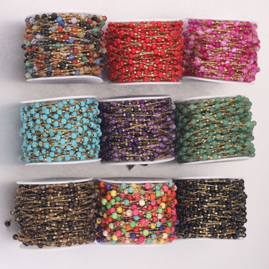 Image de 1 M Chaîne PerléeAccessoires pour la Fabrication de Bijoux Faits à la Main en 304 Acier Inoxydable & Pierre Placage sous Vide Doré Multicolore 4.5mm - 4mm 