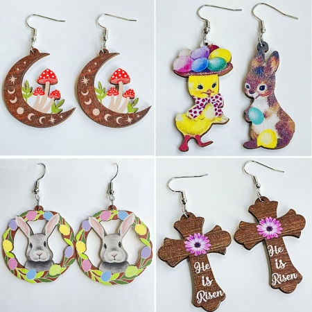 Boucles d'Oreilles Corchets Jour de Pâques en Bois Naturel Argent Mat Multicolore Lapin 1 Paire