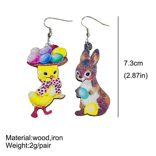 Image de Boucles d'Oreilles Corchets Jour de Pâques en Bois Naturel Argent Mat Multicolore Lapin 1 Paire