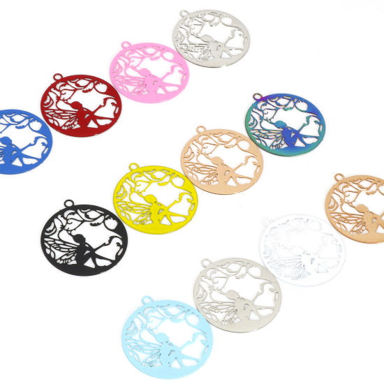 合金 フィリグリースタンピング 透かしパーツ 童話コレクション ペンダント 円形 多色 精霊彫刻 22mm x 20mm、 10 個 の画像
