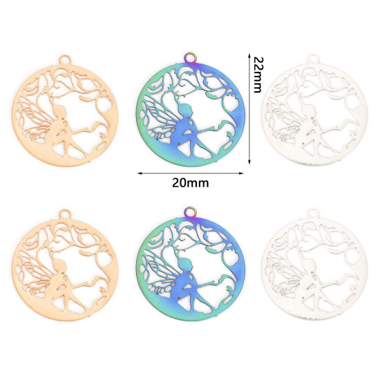 合金 フィリグリースタンピング 透かしパーツ 童話コレクション ペンダント 円形 多色 精霊彫刻 22mm x 20mm、 10 個 の画像