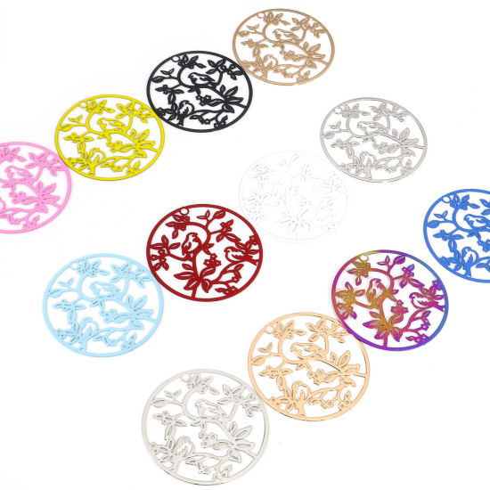 Image de Pendentifs Estampe en Filigrane en Alliage de Fer Rond Multicolore Oiseaux 3.1cm Dia, 10 Pcs