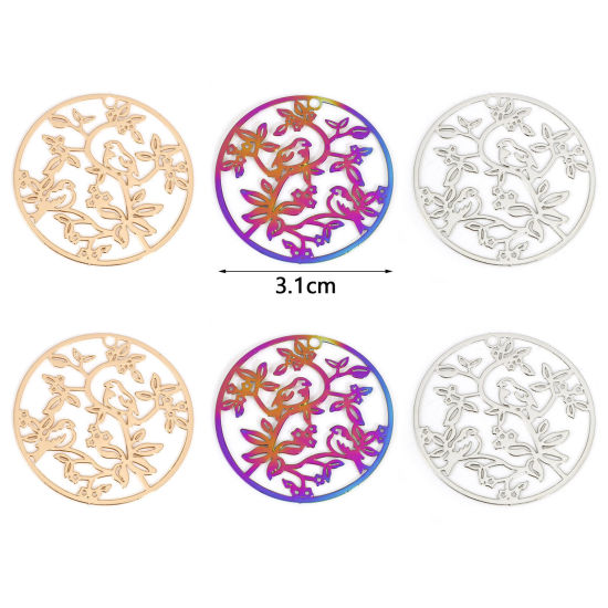 Image de Pendentifs Estampe en Filigrane en Alliage de Fer Rond Multicolore Oiseaux 3.1cm Dia, 10 Pcs