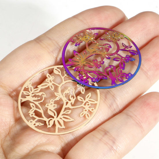 Image de Pendentifs Estampe en Filigrane en Alliage de Fer Rond Multicolore Oiseaux 3.1cm Dia, 10 Pcs