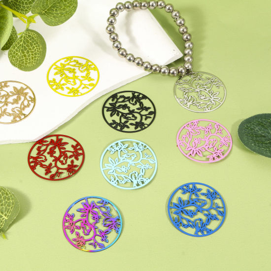 Image de Pendentifs Estampe en Filigrane en Alliage de Fer Rond Multicolore Oiseaux 3.1cm Dia, 10 Pcs
