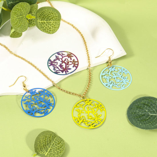 Image de Pendentifs Estampe en Filigrane en Alliage de Fer Rond Multicolore Oiseaux 3.1cm Dia, 10 Pcs