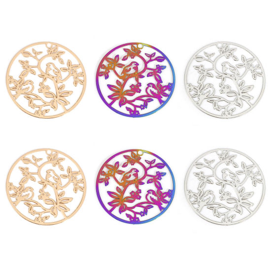 Image de Pendentifs Estampe en Filigrane en Alliage de Fer Rond Multicolore Oiseaux 3.1cm Dia, 10 Pcs