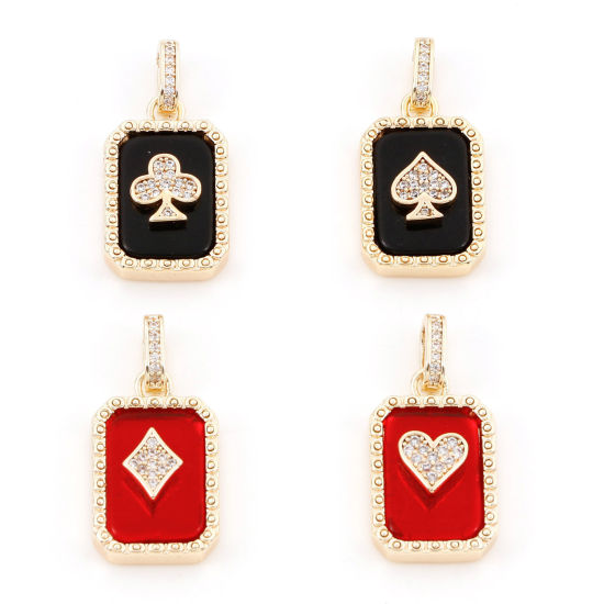 Picture of Brass Poker/ Paper Card/ Game Card Charm Pendant 18K Real Gold Plated Octagon With Resin Cabochons Clear Cubic Zirconia 26mm x 13mm