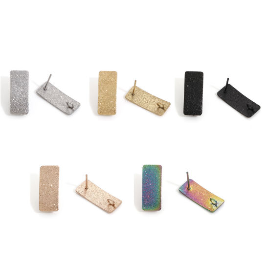 Imagen de Enchapado al Vacío Ecológico 304 Acero Inoxidable Arete de Poste de Oreja con Accesorios de Conector de Bucle Rectángulo Multicolor Polvo Estelar 20mm x 8mm, Post/ Wire Size: (20 gauge), 10 Unidades