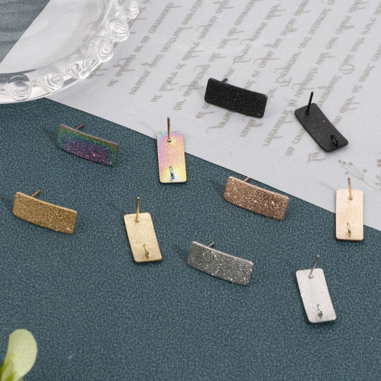 Imagen de Enchapado al Vacío Ecológico 304 Acero Inoxidable Arete de Poste de Oreja con Accesorios de Conector de Bucle Rectángulo Multicolor Polvo Estelar 20mm x 8mm, Post/ Wire Size: (20 gauge), 10 Unidades