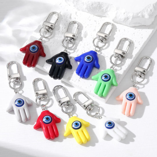 Image de Porte-Clés Religieux en Résine Argent Mat Multicolore Khamsa Symbole Paume Œil Mauvais 1 Pièce