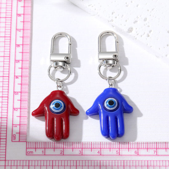 Image de Porte-Clés Religieux en Résine Argent Mat Multicolore Khamsa Symbole Paume Œil Mauvais 1 Pièce