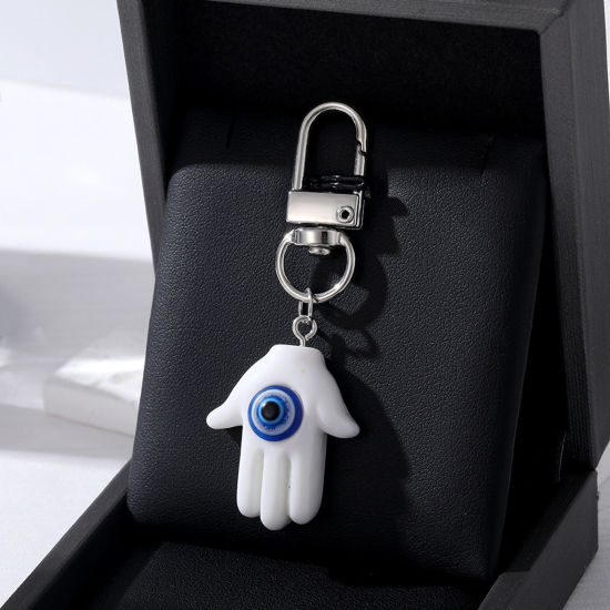 Image de Porte-Clés Religieux en Résine Argent Mat Multicolore Khamsa Symbole Paume Œil Mauvais 1 Pièce