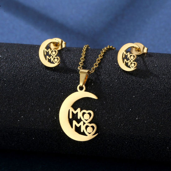 201ステンレス鋼 母の日 ネックレス・イヤリングピアスセット 金メッキ 45cm長さ、 1 セット の画像