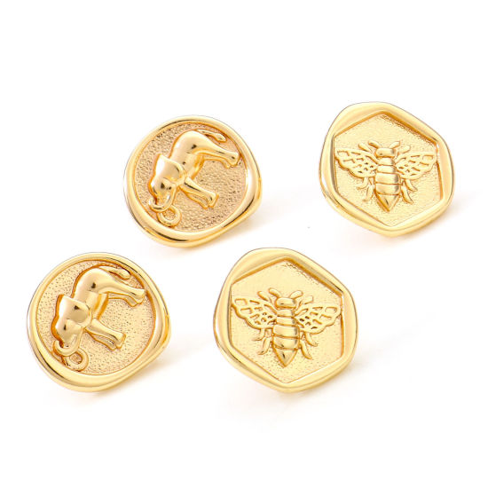 Picture of Brass Ear Post Stud Earrings 18K Real Gold Plated Elephant Animal Insect With Loop 14mm x 14mm