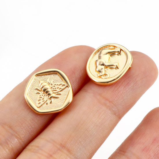 Picture of Brass Ear Post Stud Earrings 18K Real Gold Plated Elephant Animal Insect With Loop 14mm x 14mm